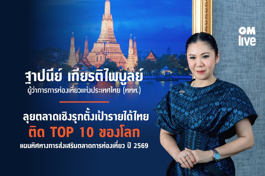  ฐาปนีย์ เกียรติไพบูลย์ ผู้ว่าการการท่องเที่ยวแห่งประเทศไทย (ททท.) ลุยตลาดเชิงรุกตั้งเป้ารายได้ไทยติด Top 10 ของโลกแผนทิศทางการส่งเสริมตลาดการท่องเที่ยว ปี 2569